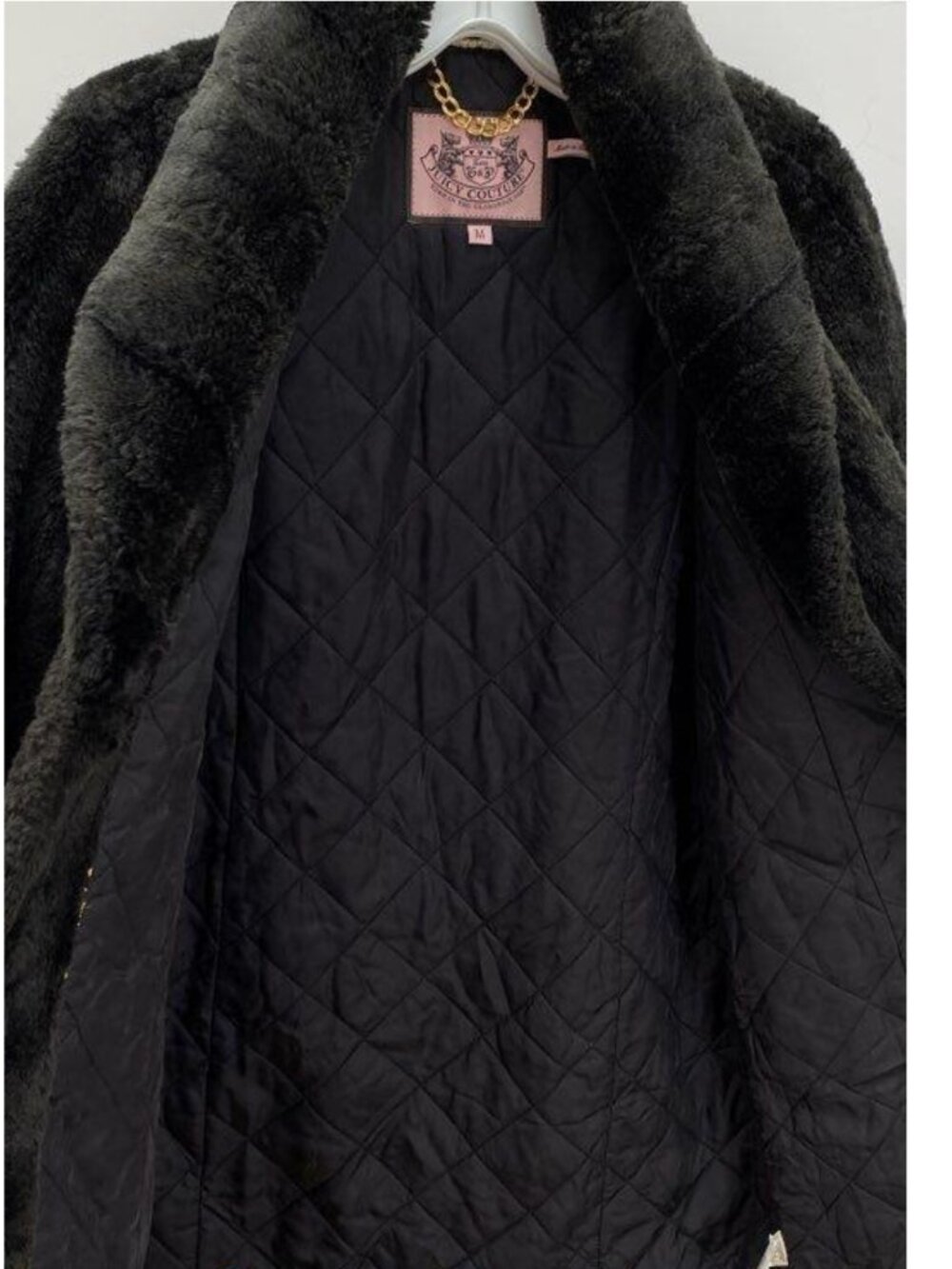 VTG Juicy Couture Archival Pink Tag Heavy Faux Fur Shawl Collar Coat M Black - Picture 5 of 7